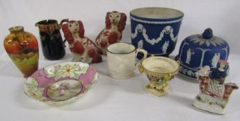Collection of ceramics including Wedgwood Jasper ware planter and unmarked cheese bell, vase (