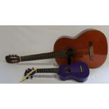 Classic Model no. 816 Saxon acoustic guitar with new cover and brand new purple Mahalo ukulele