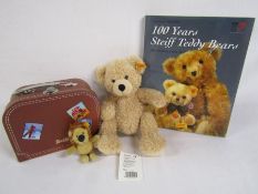 Steiff teddy 111471 Fynn with travelling case - 110238 Lion keyring - and 100 years of Steiff