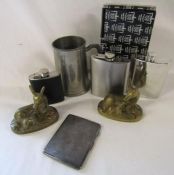 Tankard, hip flasks (stainless steel and pewter), brass deer and a silver-plate HB cigarette case