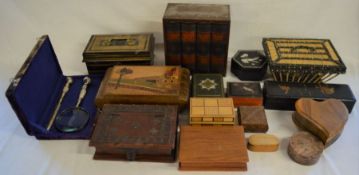 Various inlaid & lacquer boxes, cased magnifying glass with letter opener & a vintage cash tin