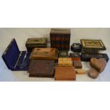 Various inlaid & lacquer boxes, cased magnifying glass with letter opener & a vintage cash tin