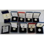 Nine Royal Mint silver proof one pound coins in original boxes of issue (8 with certificates) &