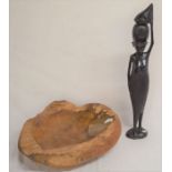 Wooden carved African tribal figure Ht 62cm & a large wooden bowl