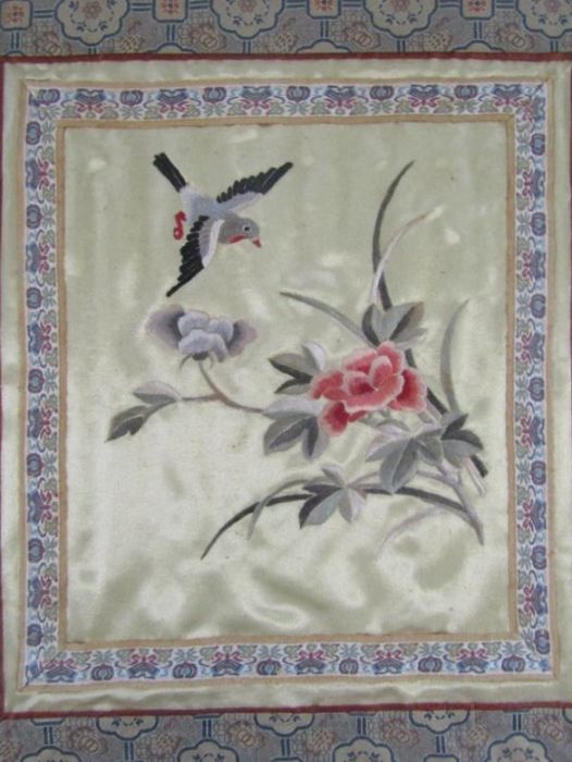 Pair of framed embroidered silk panels approx. 40cm x 38cm - Image 2 of 3