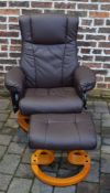 Brown leather swivel recliner massage chair with footstool