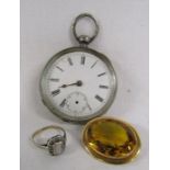 Silver cased pocket watch, yellow metal brooch with orange stone and 9ct gold and silver opal
