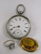 Silver cased pocket watch, yellow metal brooch with orange stone and 9ct gold and silver opal