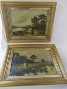 Pair of framed oil paintings one depicting woman by the river and the other a young girl and boy