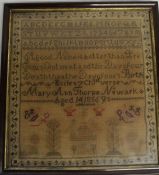 Framed Victorian sampler by Mary Ann Thorpe Newark 1856 aged 14 (framed size 43cm x 46cm)