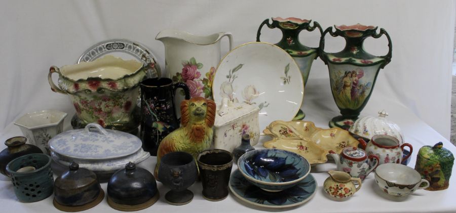 Edwardian jardiniere & pair of similar vases, toilet jug, blue and white tureen, Alvingham pottery