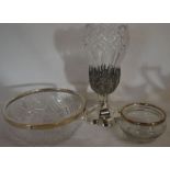 2 glass bowls with silver rims (diameters 20cm & 11cm) & a glass celery vase on a silver plate