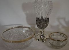 2 glass bowls with silver rims (diameters 20cm & 11cm) & a glass celery vase on a silver plate
