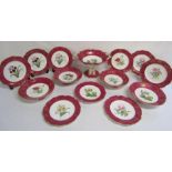 Dessert set with gilded maroon rim and floral central decoration marked 6 775 to base, 9 plates, 4