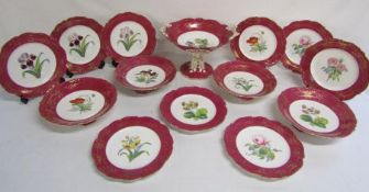 Dessert set with gilded maroon rim and floral central decoration marked 6 775 to base, 9 plates, 4