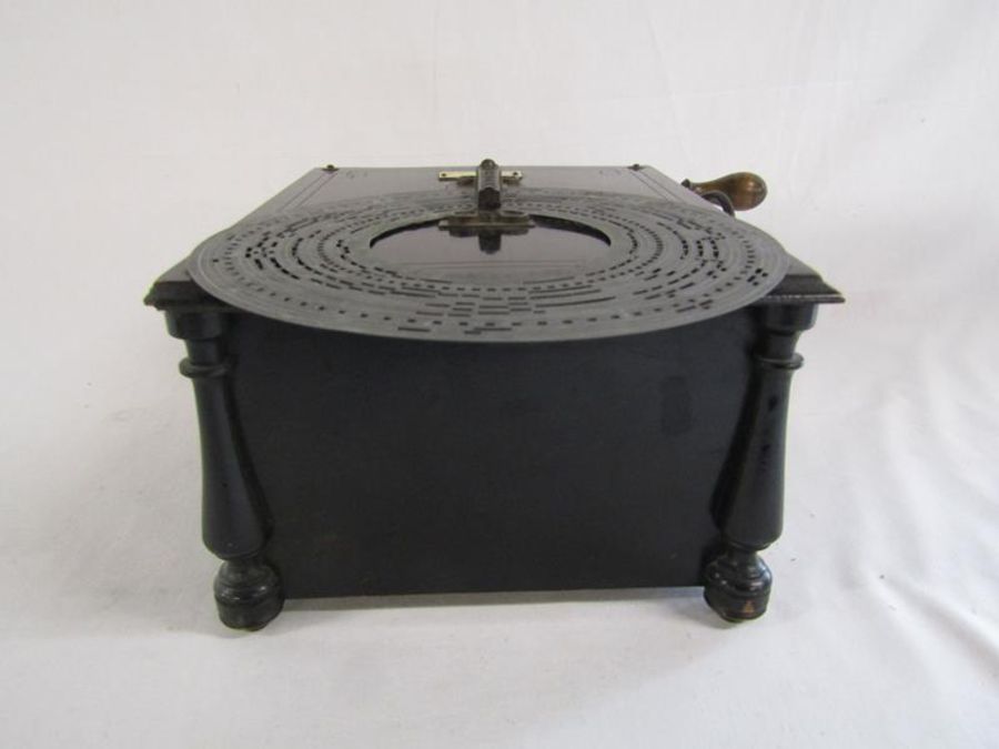 Ebonised wood Intona organette music player with plaque The Saxon Trading Co with 9 metal discs - - Image 3 of 7