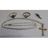 Long flat link necklace marked 9k with crucifix (not marked) 1.45g, Italian horn pendant marked