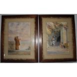 Pair of decoratively framed watercolours depicting Monk reading and peasant woman carrying water,