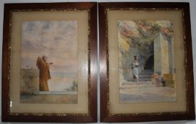 Pair of decoratively framed watercolours depicting Monk reading and peasant woman carrying water,