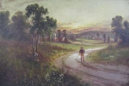 Oil on canvas  in gilded oak frame depicting farmer walking up a country track - Alex Drysdale label