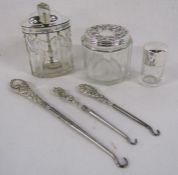 Silver topped glass jam pot with silver plated spoon, 2 other silver topped jars, 2 silver boot
