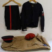 World War II Navy wool pullover, cap and red beret, pair of red stripe trousers and kit bag with