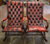 Pair of red leather button back slipper rocking chairs