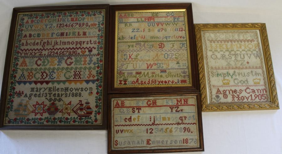 4 framed late Victorian / Edwardian samplers:- Annie Maria Smith aged 10, Susannah Emmerson 1872,