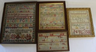 4 framed late Victorian / Edwardian samplers:- Annie Maria Smith aged 10, Susannah Emmerson 1872,