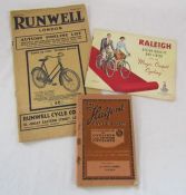 The Halford cycle catalogue 1926, Runwell London catalogue and Raleigh 1954 booklet with printing