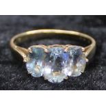 9ct gold 3 stone aquamarine dress ring, size R, 2.56g