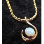 18ct gold flat link plaited necklace marked 750 (8.69g) with opal set pendant marked 585 (5.29g)