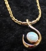 18ct gold flat link plaited necklace marked 750 (8.69g) with opal set pendant marked 585 (5.29g)