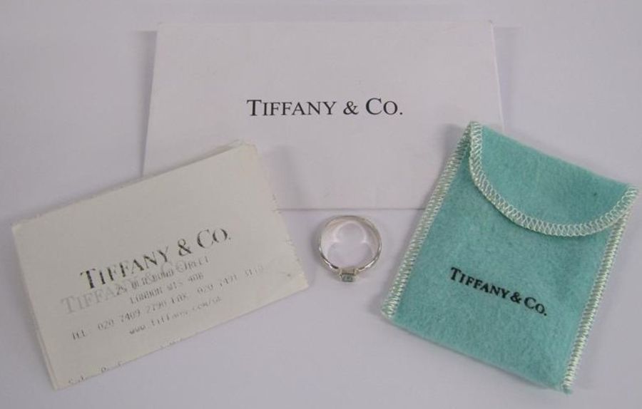 Tiffany & Co square stack silver ring with aquamarine stone ring size P - original receipt and