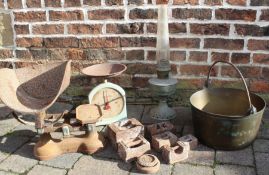 Set of shop scales & weights, Salter scales, paraffin lamp & brass jam pan