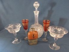 Glass decanter, pair of cranberry glasses, pair of etched glasses and a silver plate and leather