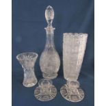 Cut glass vase (advised Czechoslovakian) - decanter, candlesticks and small vase