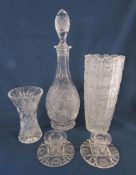 Cut glass vase (advised Czechoslovakian) - decanter, candlesticks and small vase