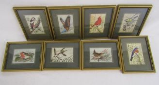 8 framed Cash's silks - Mallard, Great Tit, Robin, Wren, Cardinal, Bald Eagle, Eastern Bluebird