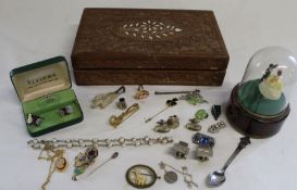 Selection of costume jewellery, small Reuge Music box, Rolex Bucherer of Switzerland spoon &