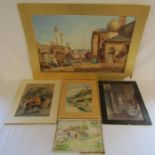 5 x unframed pictures and prints - watercolour 'Tipperary' W.Whithead 1958, Chalk Church scene Ede