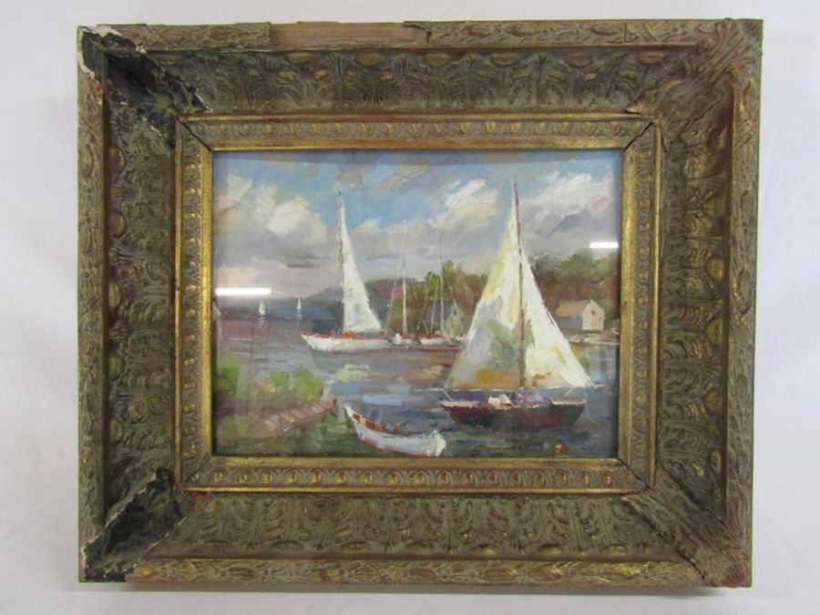 Unsigned oil on board in heavy ornate frame depicting sailing boats - approx. 59cm x 49cm x 8.5cm - Image 2 of 4