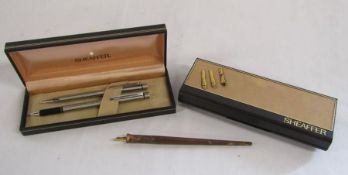 Cased Sheaffer white dot pen set - both engraved 'David Lambert - Peter Green Motors - 1963-1989',