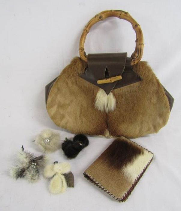 Possibly gazelle vintage 1960's fur bag with purse and 4 fur corsages