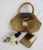 Possibly gazelle vintage 1960's fur bag with purse and 4 fur corsages