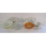 Collection of glass bowls, orange Carnival ware bowl and vintage cooking bowls and pan