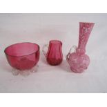 Cranberry glass bowl and jug (chipped) and a pink vase
