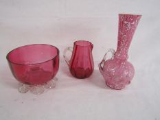 Cranberry glass bowl and jug (chipped) and a pink vase