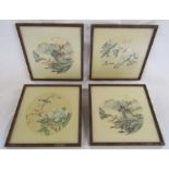 Chinese landscape and bird prints on silk in faux bamboo frames - approx. 32.5cm x 32.5cm