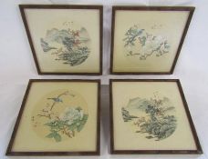 Chinese landscape and bird prints on silk in faux bamboo frames - approx. 32.5cm x 32.5cm